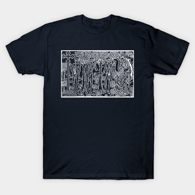 Medieval Danse Macabre Skeletons and Hermit T-Shirt by Pixelchicken